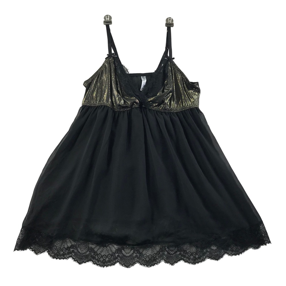 Cacique Black Gold Metallic Lace Trim Babydoll Chemise Nightgown 18/20 1122144